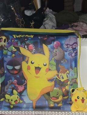 NEW.. Yellow Pikachu Character Zipper Drawstring Sack With Bag Charm